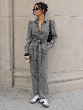 Express Puff Sleeve Tie Waist Gray Wash Denim Jumpsuit
